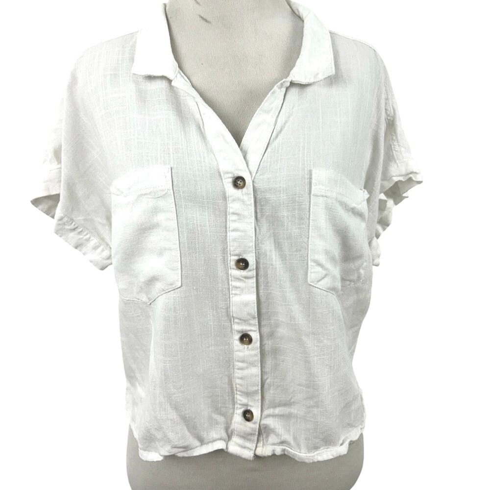 Francesca’s White Linen Blend Button Front Cropped Shirt Top Medium Coastal